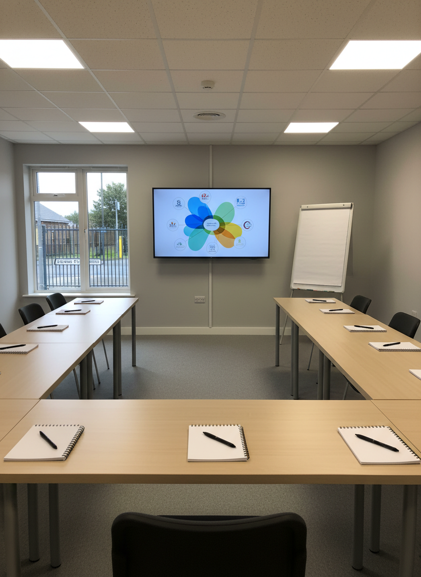 A calm, well-equipped multi-purpose room at The Lighthouse Centre Haverigg arranged for a small community training session. A wall-mounted screen at the front shows an abstract, colourful graphic implying community partnership between organisations, while plain tables are set in a U-shape with notepads and pens placed neatly. A whiteboard stands to one side with non-readable markings. The window at the far end gives a subtle view toward Atkinson St and the nearby Haverigg Primary School fencing, softly out of focus. Soft overhead LEDs provide consistent, shadow-free lighting, with a cool, professional tone balanced by natural light. Shot from the back of the room with a slightly elevated angle, the composition highlights the organised layout and professional facilities in realistic, high-resolution photography.
