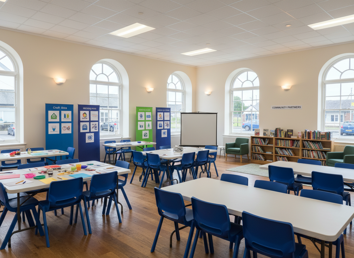A bright, flexible activity hall inside The Lighthouse Centre Haverigg, set up to showcase multiple community uses in one space. Sturdy stackable chairs are grouped around collapsible tables, with distinct zones indicating a craft area, a meeting area, and a quiet reading corner with low shelving and neatly arranged books. Along one wall, display boards feature logos and colours representing various local organisations as abstract icons without readable wording. Large windows reveal a glimpse of Atkinson St and distant school buildings, softly blurred. Overhead fluorescent and warm wall lighting combine with natural daylight, giving an evenly lit, professional atmosphere. Shot at eye level with moderate depth of field, the composition leads the eye from foreground tables to the back wall, emphasizing versatility and community partnership in realistic, clean photography.